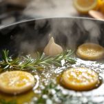 Aglio e rosmarino che soffriggono in padella con olio.