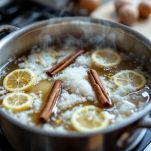 Pentola con sciroppo di miele, zucchero e cannella in cottura.