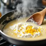 Salsa cremosa al limone preparata in padella.