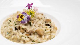 risotto cremoso con funghi e fiori