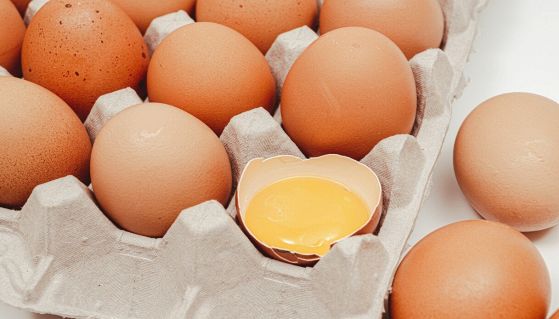 uova nel contenitore con un uovo rotto