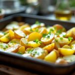 Patate disposte in teglia con cipollotto affettato.