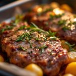 Agnello e patate disposti insieme in teglia con erbe.