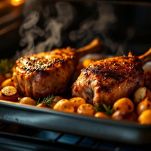 Agnello e patate in cottura nel forno.