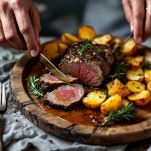 Agnello con patate in piatto