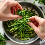 Prezzemolo tritato sugli asparagi in padella.