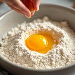 Uova aggiunte alla farina a fontana.