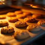 Biscotti in cottura su teglia in forno.