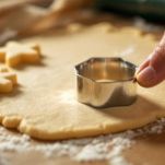 Biscotti di pasta frolla ritagliati su teglia