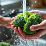 Cime di broccoli lavate sotto acqua corrente