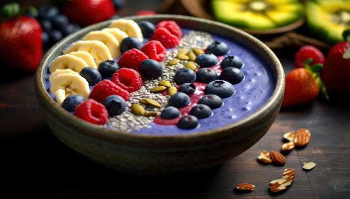Ciotola di acai bowl con frutta fresca e semi