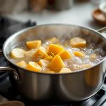 Pezzi di mela cotogna in pentola con acqua