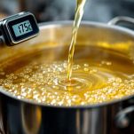 Olio di arachidi che si scalda in padella