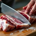 Costine di maiale crude su piano di lavoro