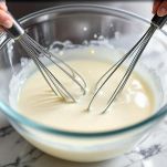 Uova e latte mescolati in ciotola