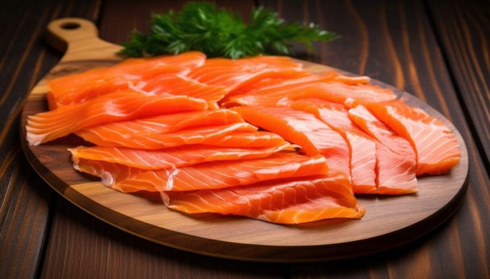 Fette di salmone affumicato su un tagliere di legno