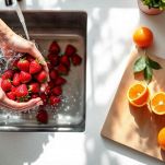 Fragole e mandarini puliti sul tagliere