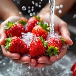 Fragole sotto acqua corrente