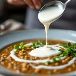 Minestra con yogurt bianco in superficie