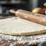 Pasta frolla stesa con mattarello su piano infarinato
