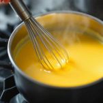 Ciotola con crema gialla mescolata a bagnomaria