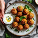Polpettine di lenticchie servite con basilico fresco e salsa