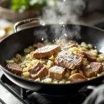 Scaloppine rosolate in padella con cipolla e sfumate con vino bianco