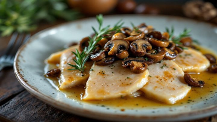 Scaloppine di vitello con funghi trifolati servite calde