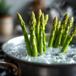Asparagi lessati in pentola con punte in alto.