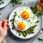 Uova fritte adagiate su asparagi.