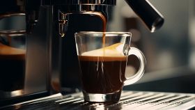 tazzina vetro di caffe espresso che esce dalla macchinetta