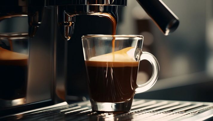 tazzina vetro di caffe espresso che esce dalla macchinetta