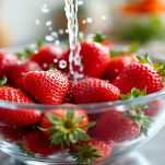 Fragole fresche sciacquate sotto l’acqua corrente