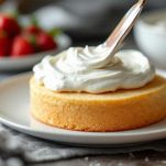 Disco di pan di Spagna con metà della panna montata distribuita sopra