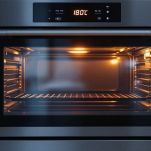 Display del forno acceso con temperatura impostata a 180 °C per la cottura della torta di ricotta e cioccolato