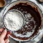 Farina setacciata incorporata al composto di ricotta, cioccolato e uova