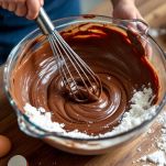 Farina, lievito, zucchero e uova aggiunti al cioccolato fuso e mescolati