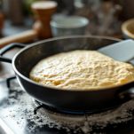 Impasto compatto che cuoce nel tegame sul fuoco