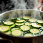 Pentolino con rondelle di zucchine durante la sbollentatura