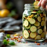 Vasetti con zucchine, aglio e origano pronti per essere chiusi