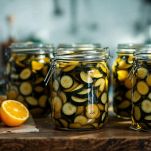 Dispensa con vasetti di zucchine pronti per la conservazione