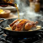 Anatra dorata in padella durante la cottura.