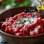 Carne condita con sale, pepe e olio.