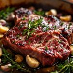 Carne rosolata nella teglia con aromi.