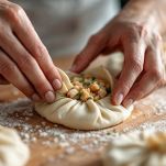 Baozi chiusi a mano con pizzicature.