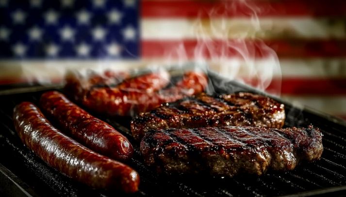 barbecue fumante con bandiera americana sullo sfondo