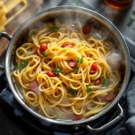 Pentola con pasta lunga immersa in acqua salata