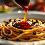 Padella con bigoli mescolati alla salsa saporita