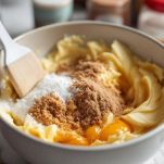 Uovo e zucchero aggiunti al burro in ciotola.