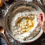 Farina e burro freddo lavorati a mano in ciotola